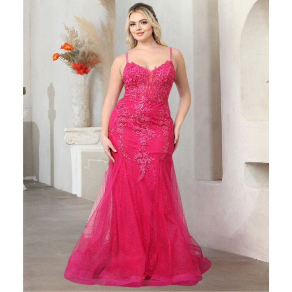 Fuchsia Evening Long  V-Neck Sleeveless Trumpet Dress By Royal Queen RQ8039